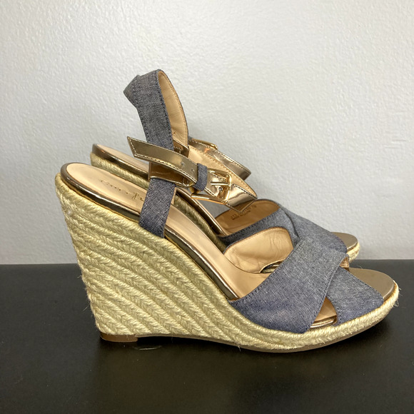 Cole Haan Espadrille Wedge Sandals Heels Sz 7B Chambray Ankle Strap D41160 - Picture 3 of 8
